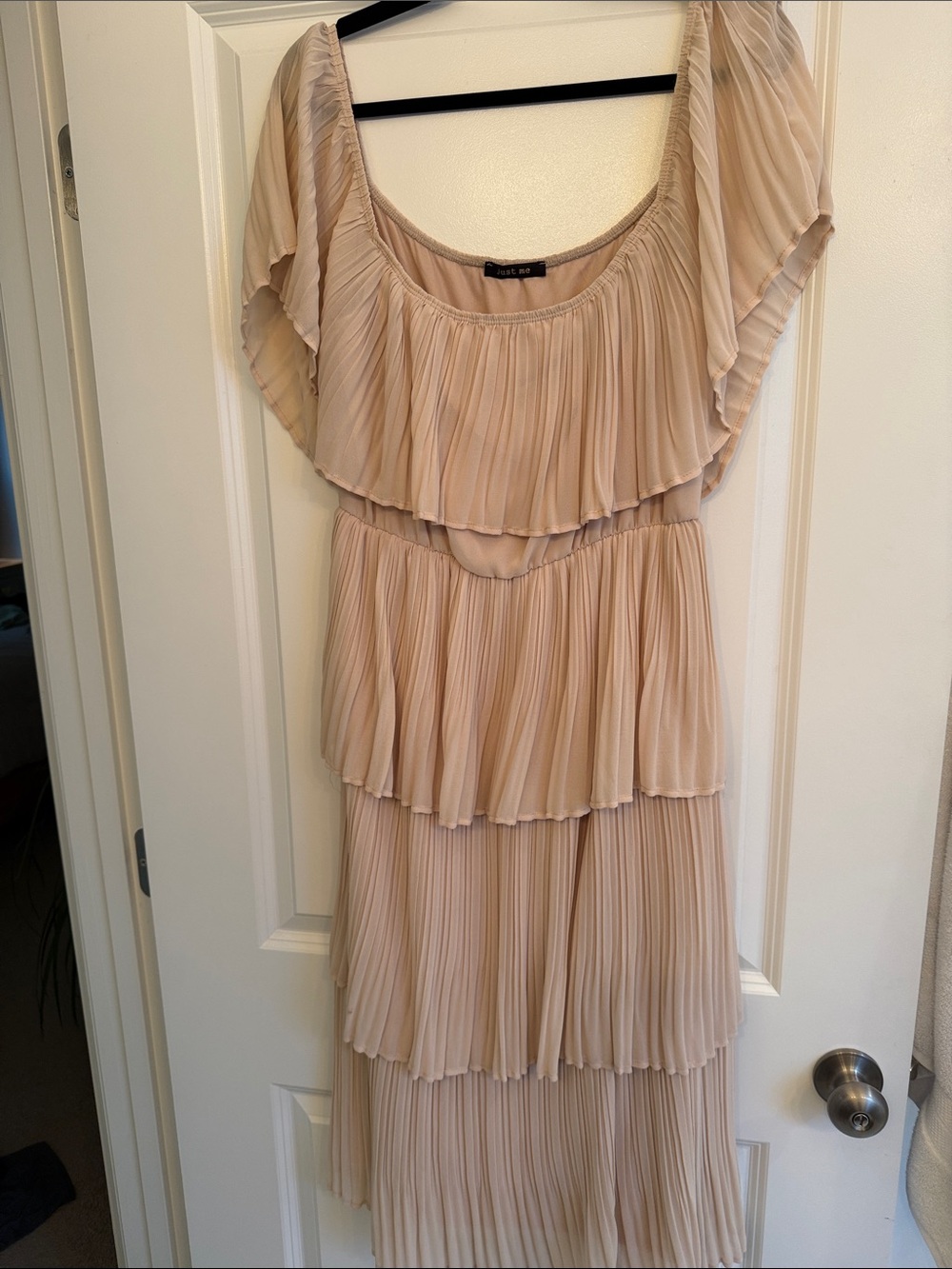 Just Me Cream Pleated Tiered Midi Dress